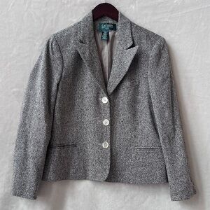 Size Medium Petite Lauren Ralph Lauren Tweed Silk Blazer Jacket Black/Ivory
